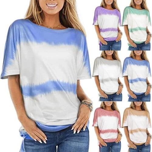 Womens Clothing Spring and Summer New Fashion Womens Tie-dye Printed Striped Loose Short-sleeved T-shirt Plus Size