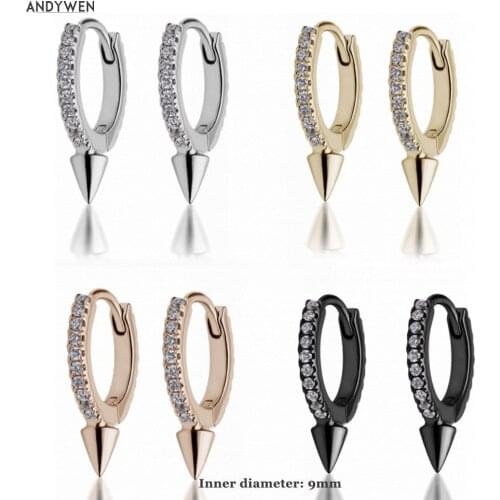 ANDYWEN 925 Sterling Silver 9MM Middle Spike Hoops Huggie Women Earring Clips Crystal CZ Zircon Loops Ring Circle Jewelry