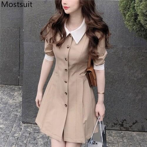 Camel Summer Korean Women Dress Short Sleeve Single Breasted Color-blocked A-line Mini Dresses Elegant Vintage Ladies Vestidos