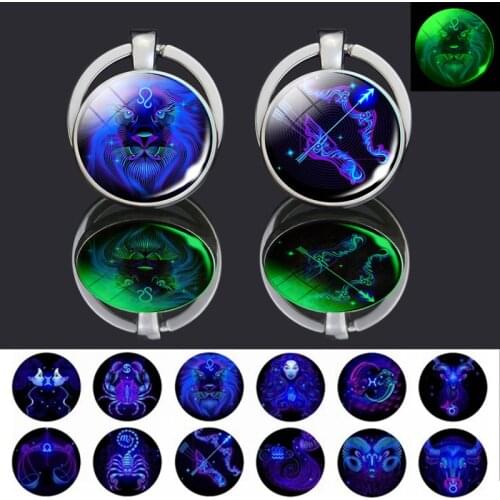 12 Constellation Luminous Double Face Keychain Zodiac Signs Leo Glass Cabochon Jewelry Key Chains Glowing Keyring Birthday Gift