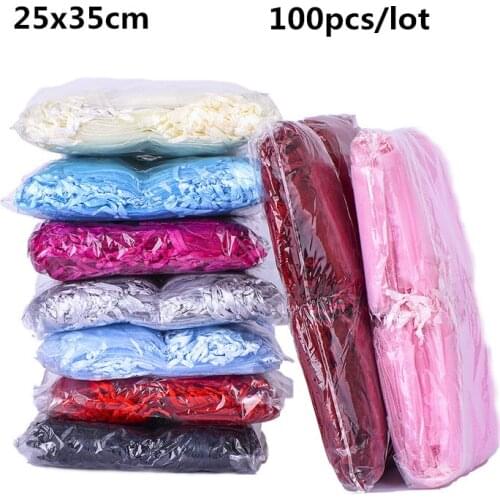 25x35cm 100pcs/Lot Organza Bag Jewelry Display Drawstring Packaging Bags Wedding Gift Bags Party Decoration Candy Bags Big Size