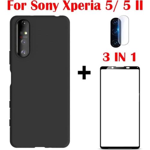 3in1 For Sony Xperia 5 II Case + Camera + Tempered Glass Screen Protector Film For Xperia 1 10 II III Frosted Slim TPU Cover