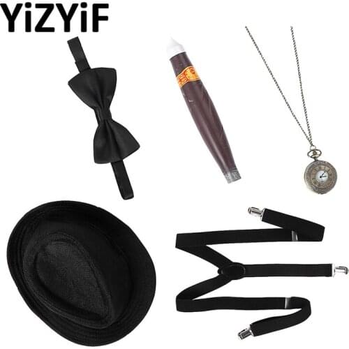 5Pcs Magician Cosplay Accessories Halloween Party Magician Dress Up Costume Set Hat Cigar Pocket Watch Suspenders And Bow Tie