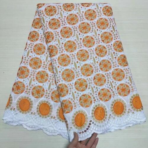 White/Orange High Quality African Lace Fabric With Stones Swiss Voile Lace In Switzerland Dubai Style Punch Cotton Dress Materia