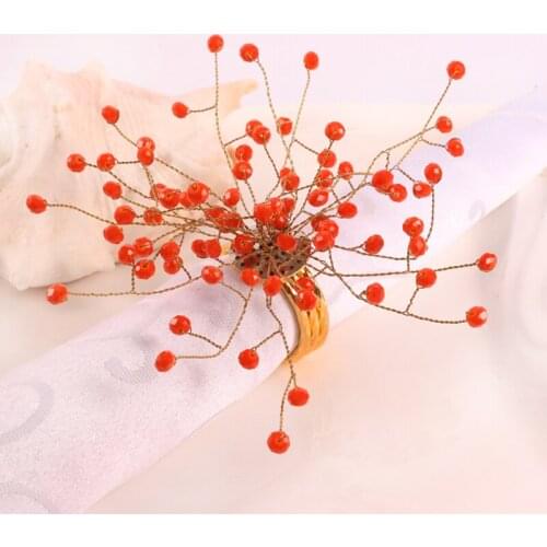 Elegant Gold Metal Alloy Circle with Hand Made Red Green Blue Beads Flower Decor Napkin Rings Set of 4 Pieces