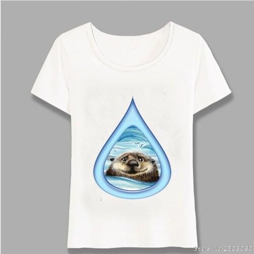 Gem Blue Drops Design T Shirt Summer Womens Short Sleeve Sea Otter Drip T-Shirt O-Neck Casual Tops Cute Girl Tees Harajuku