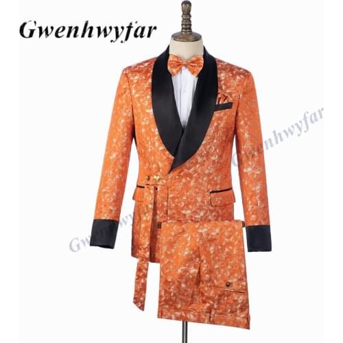 Gwenhwyfar Double Breasted Suit Latest Belt Designs Orange Tuxedo Black Lapel Party Dress Groom Suit Men Suit For Wedding 2Pcs