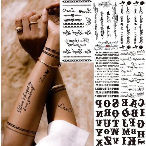 Small Letters Fake Temporary Tattoo For Kids Women Minimalist Words Tattoos Black Character Waterproof Tatoos Chains Finger Neck