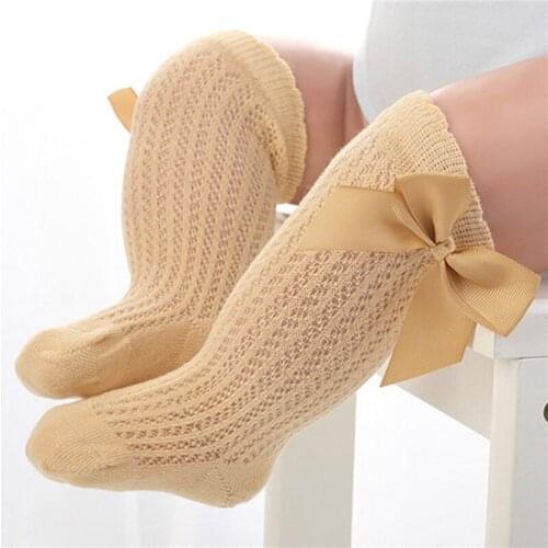 Summer Hollow Out Kids Socks Solid Color Bowknot Knee High Baby Girls Socks Breathable Anti Slip Baby Socks