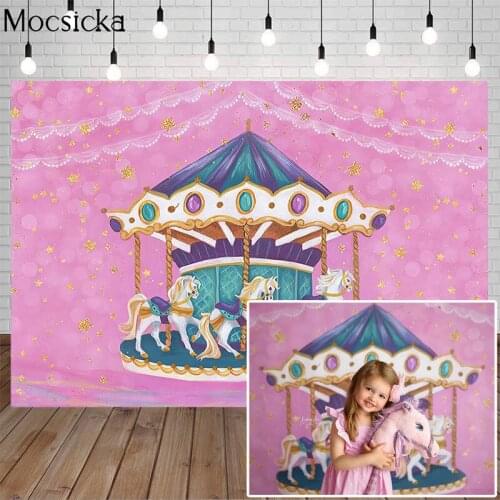 Mocsicka Carousel Photography Background Gold Glitter Pink Backdrops Child Portrait Photo Lace Banner Decoration Props Studio