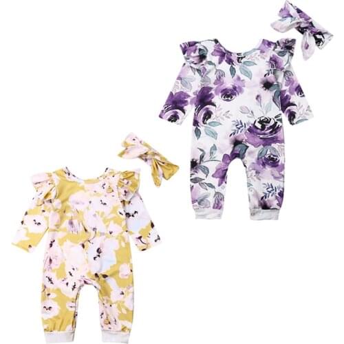 0-18M Autumn Newborn Baby Girls Clothes Floral Romper Long Sleeve Overall Headband Outfits Set