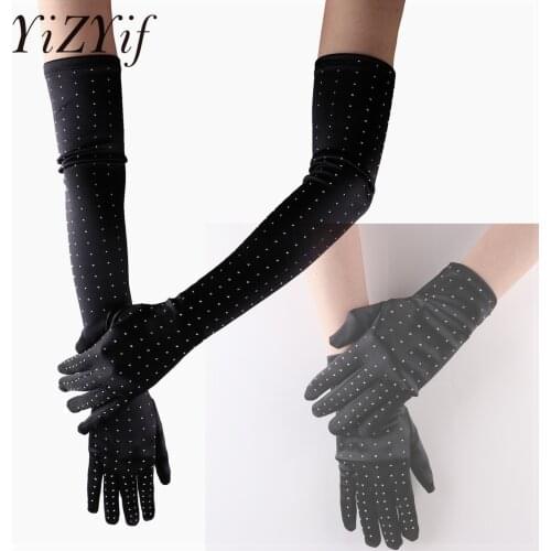 Sexy Elastic Driving Sunscreen Gloves Women Thin Long Silk Satin Anti-UV Sequin Drilling Opera Party Gloves Elbow Length Gloves