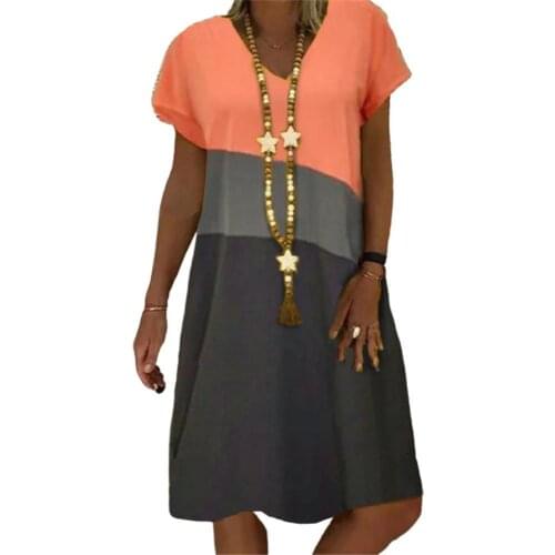 Women Summer Dress Vintage Sexy V Neck Short Sleeve Color Block Loose Knee-length Dress vestido de mujer платье летнее женское