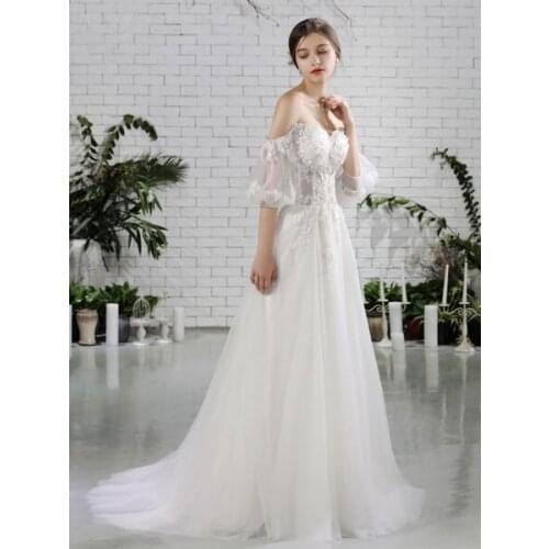 Beach Bridal Dress Ivory Off Shoulder Wedding Gowns Half Sleeve Flowers Beaded Sweetheart Neckline Maxi Wedding Dress For Summer