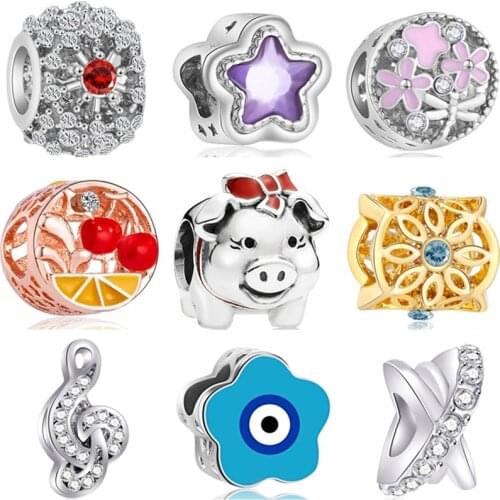 Fresh Style Crystal Pig Owl Fish Popcorn Flower Alloy Beads Fit Original Pandora Charms Bracelets & Bangles for Women DIY Perles