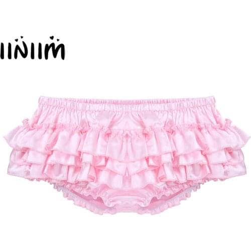 Sissy Skirted Gay Panties for Mens Lingerie Night Shiny Satin Ruffled Bloomer Tiered Sexy Briefs Bikini Underwear Underpants