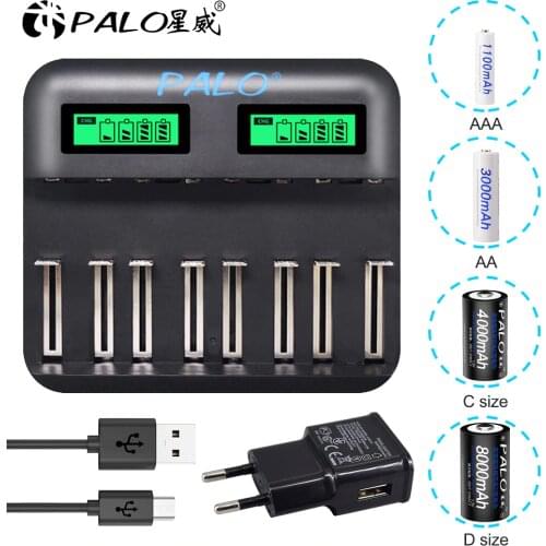 USB 8 slots for AA AAA 2A 3A Sc C D size rechargeable battery LCD display Usb fast smart battery charger for 1.2V Ni-Mh ni-Cd