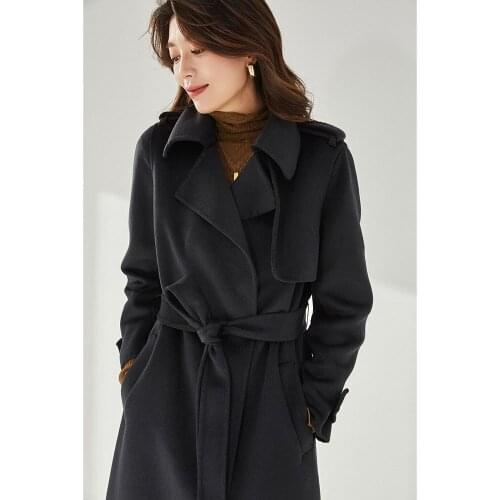 Winter Wool Windbreaker Jacket Female Casual Black Double-Sided Woolen Coat 2021 Soft Smooth Lapel Epaulette Coat With Commuter