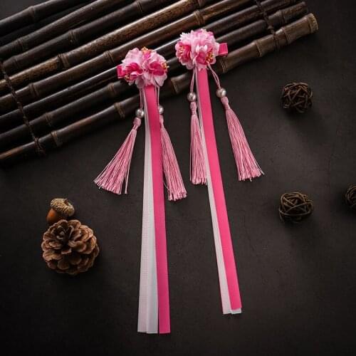 2PCS Childrens series Stamen Chinese Style Hanfu Girls Hairpin Ornament Long Ribbon Retro Flower Ball Hair Grips HeadWear
