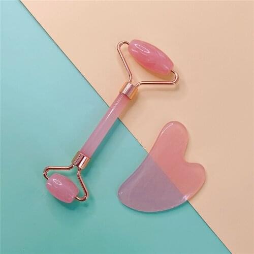 2pcs/Set Resin Gua Sha Stone For Face Massage Rose Quartz Jade Stone Face Massage Roller Gua Sha Scraper Board Face Guasha
