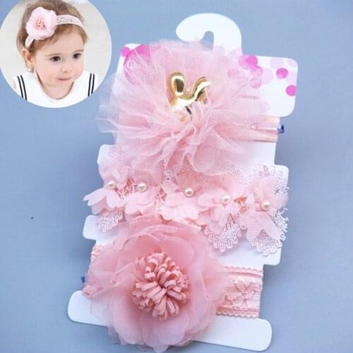 3Pcs/Set Crown Bowknot Lace Flower Baby Headband Set Sequins Newborn Baby Hairband Princess Girl Elastic Hairband Headdress