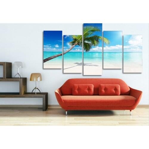 Wall Art HD Prints 5 Pieces Palm Tree Beach Pictures Blue Sky Seascape Posters Home Decor Framework
