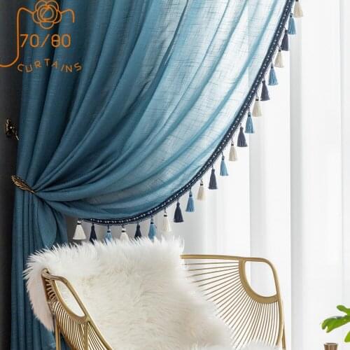 American Window Screen Curtain Cotton and Linen Tassel Curtains for Bedroom Living Room Balcony Bay Window Finished