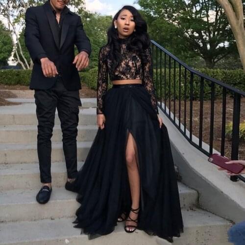 Black Two Pieces Evening Dresses Side Slit Long Sleeve High Neck Lace Appliques Satin Elegant A-Line Party Prom Gowns 2021