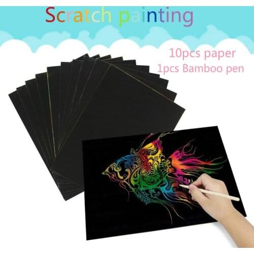 10 pcs/set Magic Scratch Painting With Drawing Stick Creative Security DIY Handmade Drawing Toys Kids Paper Scraper Best Gift