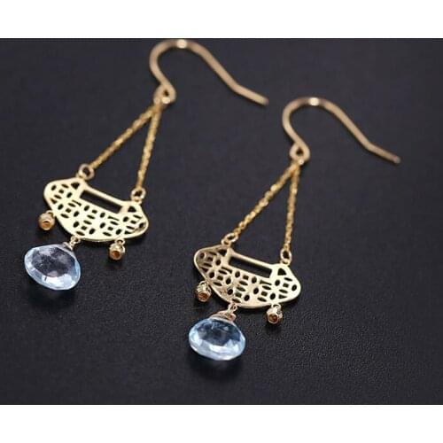 DMBS131 Sky Blue Topaz Earrings gemstones Female Genuine Yellow 18K Gold Ping An Lock Earring Gift