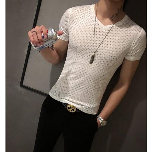 Summer T Shirt Men Sexy Hollow Short Sleeve V-Neck T-shirt Nightclub Party Streetwear Slim Fit Casual Tshirt Camiseta Masculina