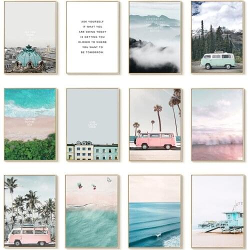 Ins Nordic Style Room Decoration Home Paintings Sea Beach Car Letter Pineapple Poster Fresh Painting Core Wall Art Pink Canvas