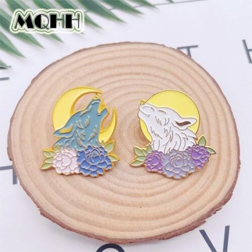 Creative Cartoon Animal Golden Wolf Roaring Enamel Pins Sun Moon Flowers Alloy Brooch Badge Clothes Accessories Woman Jewelry