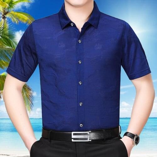 Summer Men Short New Sleeve Real Silk Shirt Mens Dress Shirts Gentlemen Plus Size Casual Camisa Masculina 26606 KJ2262