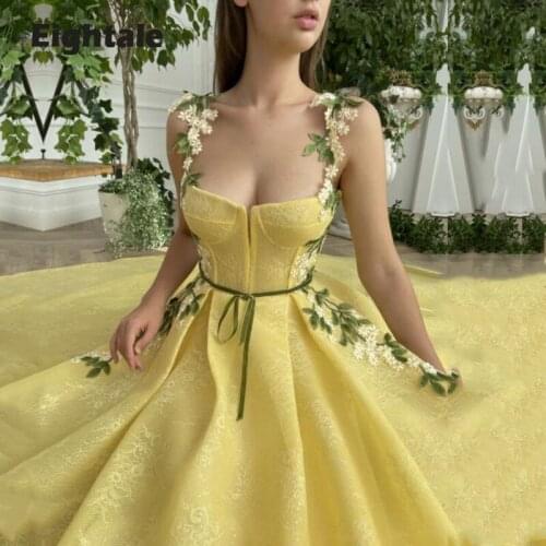 Eightale Fashion Yellow Prom Dresses Spagehtti Strap Flowers A-Line Backless Lace Custom Made Long Evening Gown Party Dress 2021