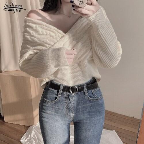 2021 Autumn New Lazy Wind Sexy Cross Collar Sweater Woman Womens Sweater Long-sleeved Tops Korean Slim Bottom Knitwear 16534