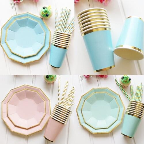 8pcs/set Gold Foil Pink Disposable Tableware Christmas wedding Party Paper Plates Cups Birthday Party Supplies Plastic Straws