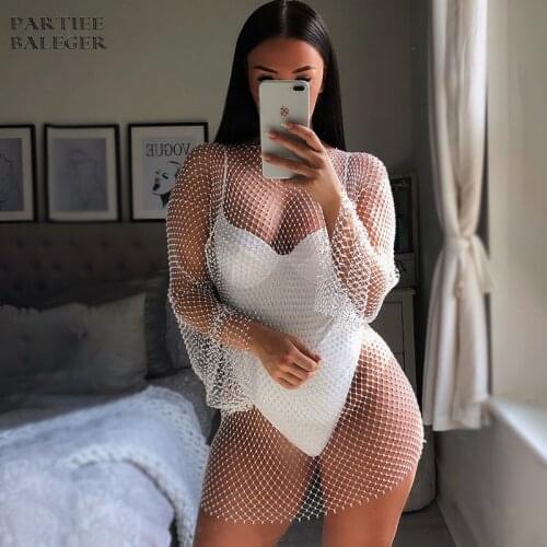 PB 2020 Summer Hot New Trendy Beads Embellished Sexy Fish Net Long Sleeves O Neck Celebrity Party Club Wear Mini Dress