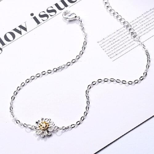 Silver Plated Daisy Bracelet Chrysanthemum Pendant Charm Link Chain Wedding Jewelry Cute Bangles