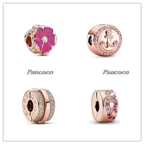 925 Sterling Silver Baeds Rose Sparkling Pink Anchor Clip Charm Fit Pan Bracelet & Necklace Jewelry