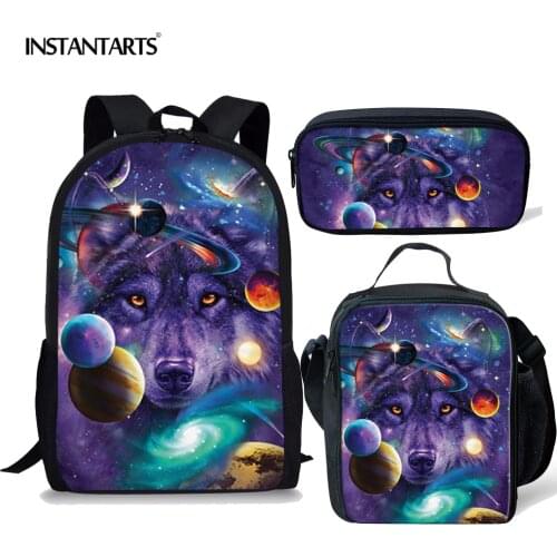 INSTANTARTS Purple Space Stars Galaxy Wolf School Bag for Teen Girl Boy Children 3pcs Set Backpack Mochila Schoolbag Kid Bagpack