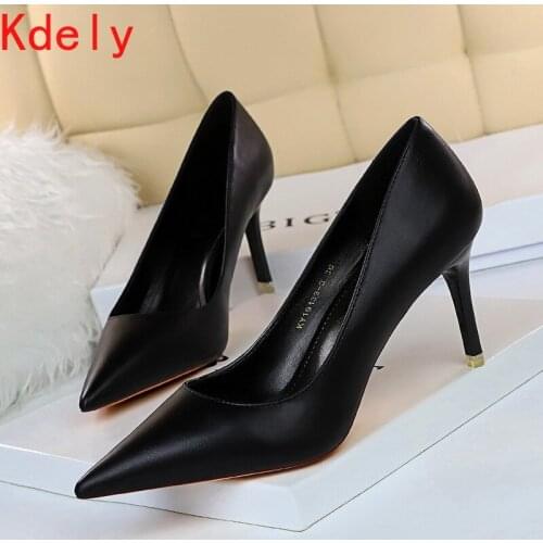 Leather Shallow Fashion Womens High Heels Shoes Candy Colors Pointed Toe Women Pumps Show Thin Female Office Shoe