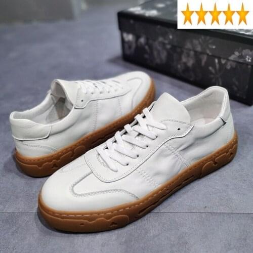 Solid Mens Casual Simple Genuine Leather 2021 New Autumn Breathable Lace-Up Black White Sneakers Men Active Shoes