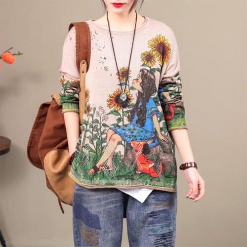 Pullover Sweater Female Spring and Autumn New Art Girl Print Round Neck Loose Wild Long-sleeved Sweater Shirt Thin Section K989