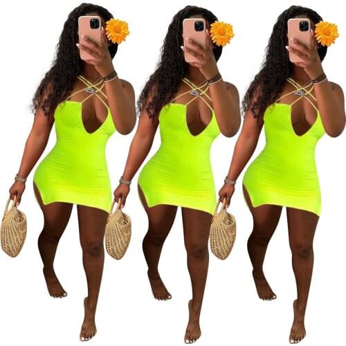 V Neck Bandage Halter Dress Womens Summer Sexy Backless Skinny Bodycon Dress Fashion Solid Color Suspender Split Short Dresses