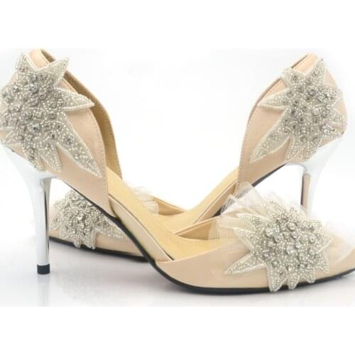 2018 Handmade Pointed Toe Starfish Crystal Party Prom Shoes Champagne Satin Wedding Shoes Women Pumps Mother of the Bride Shoes