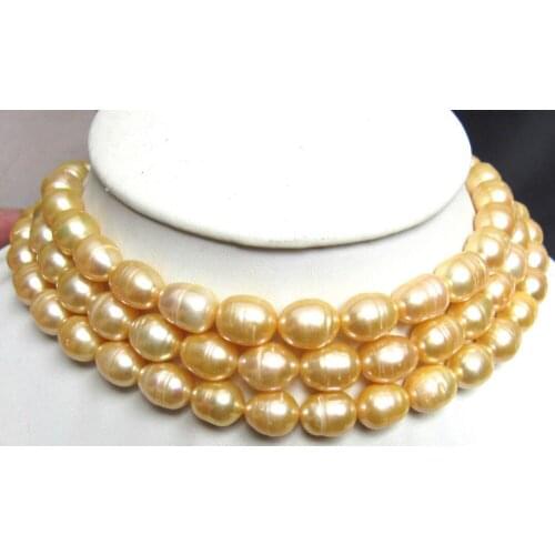 AAA 9-10mm natural akoya yellow pearl necklace 49'' 14K gold