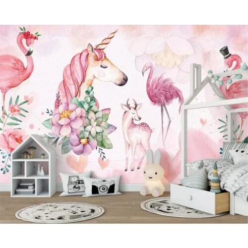Beibehang Custom wallpaper mural pink flamingo unicorn deer childrens room decoration background wall wallpaper for walls 3 d