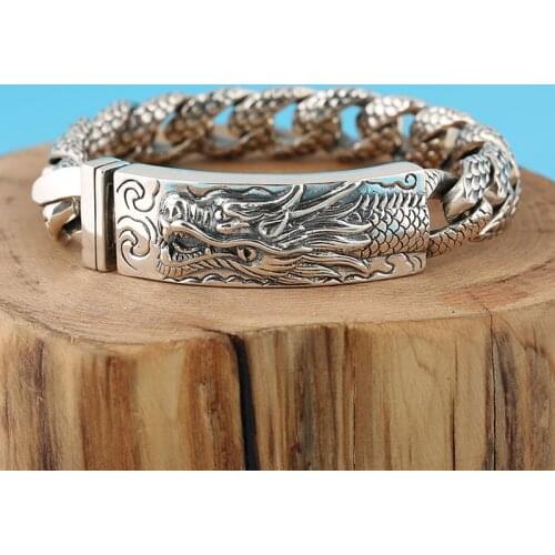 100% S925 Sterling Silver 14MM 20CM Vintage Carved dragon Chain Bracelet Fine Jewelry Solid Chain Clasp Men Hip hop Bracelet