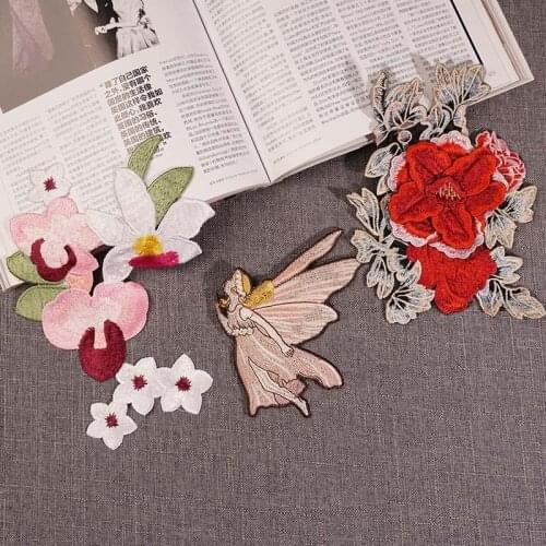 Magnolia Flower Fairy Red Peony Sew on Patches Embroidery Sticker Fashionable for Clothes Bags Applique DIY Trousers Decoration